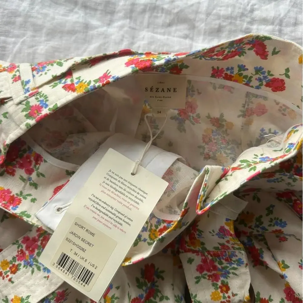 Sezane white floral linen shorts